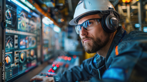 Wind farm control unit, technician monitoring efficiency, close-up, digital photography, turbine management