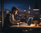 Entrepreneur working late in a minimalist office, laptop open, focused expression, city lights in the background, concept of dedication