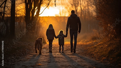 Family walking their mixedbreed dog on a rural trail, autumn leaves, backlit by sunset, active lifestyle and pet bonding moment photo