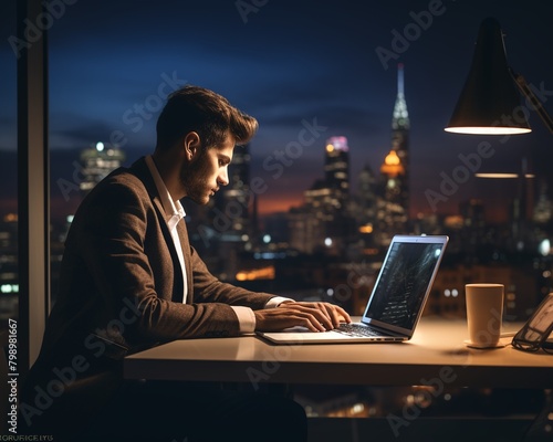 Entrepreneur working late in a minimalist office, laptop open, focused expression, city lights in the background, concept of dedication