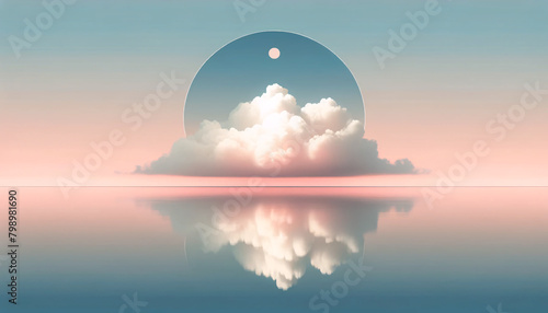 A landscape with a vast body of still water reflecting the sky. Above the horizon, fluffy clouds in soft pastel colors photo