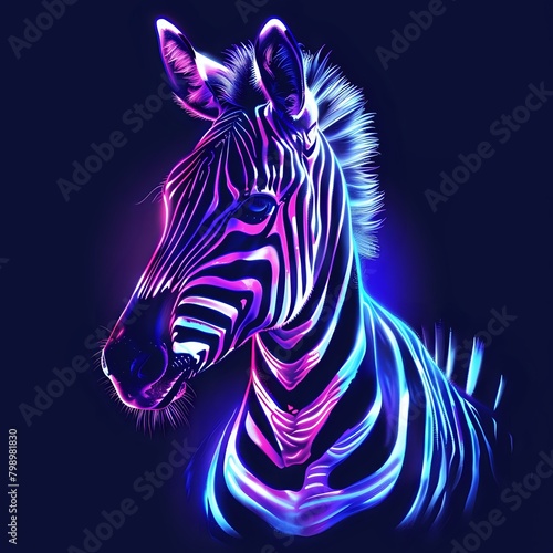Cute Zebra animal in neon style. Portrait of glow light animal