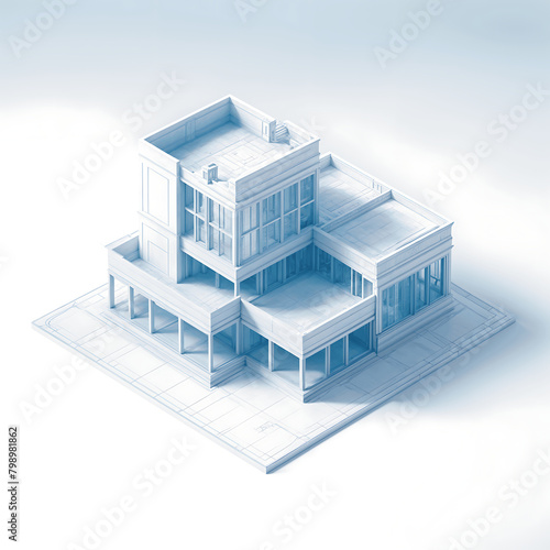 A isometric 3D blueprint of a modern two-story building