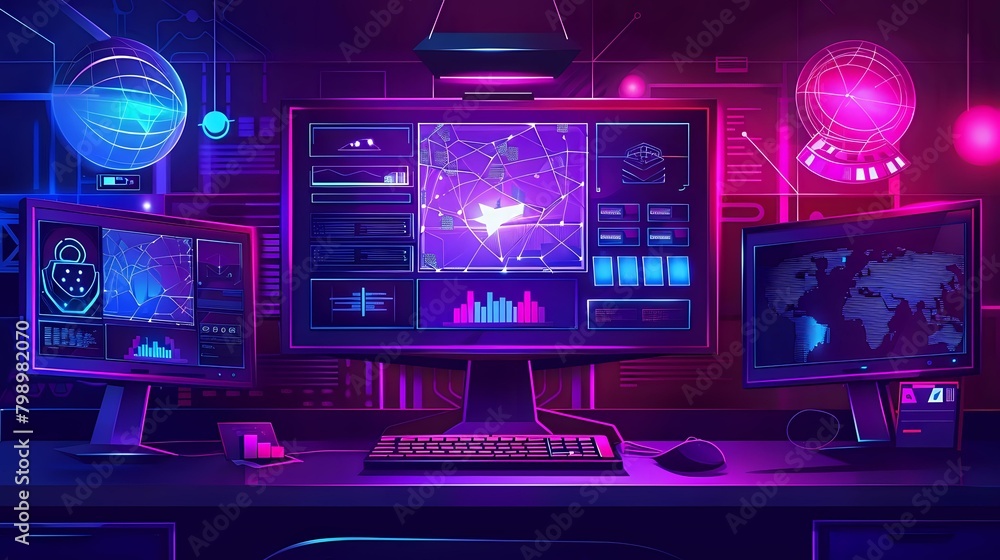 Cybersecurity Interface - Ultraviolet Secure Desktop - Vector Illustration of Office Technology