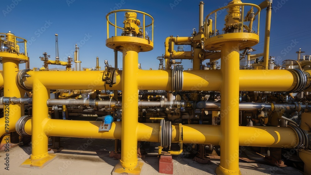 Compressor and pumping systems with many yellow pipes and connections in oil field. Oil plant Compressor and pumping systems with many yellow pipes and connections in oil field. Oil plant