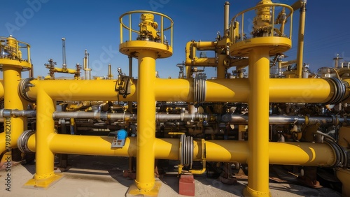 Compressor and pumping systems with many yellow pipes and connections in oil field. Oil plant