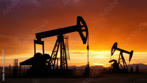 Silhouette view of Oil pumps and sunset. Oil industry equipment. The change in oil prices caused by the war. Oil price cap concept.