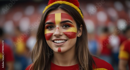 Happy SPAIN woman supporter with face painted in SPAIN flag , SPAIN fan at a sports event such as football or rugby match euro 2024, blurry stadium background photo