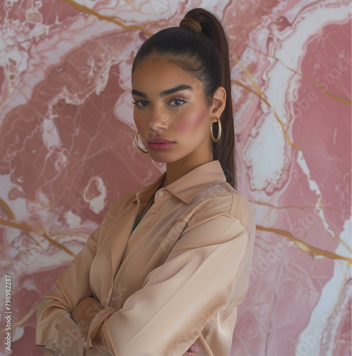 A chic hispanic brunette with a pony tail wearing a peah tailored shirt and gold hoop earrings. The background is large scale pink marble with white and beige veins. photo