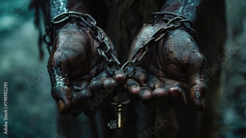 Shackles open with a key on hands, a powerful freedom and anti-slavery symbol. International Day for the Remembrance of the Slave Trade and Its Abolition, August 23 photo