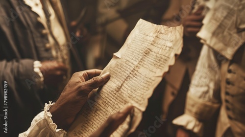 Diverse hands hold an aged abolition proclamation, honoring the end of slave trade. International Day for the Remembrance of the Slave Trade and Its Abolition, August 23
