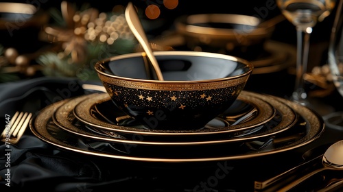 Contemporary Black Porcelain Plates with Gold Trim
