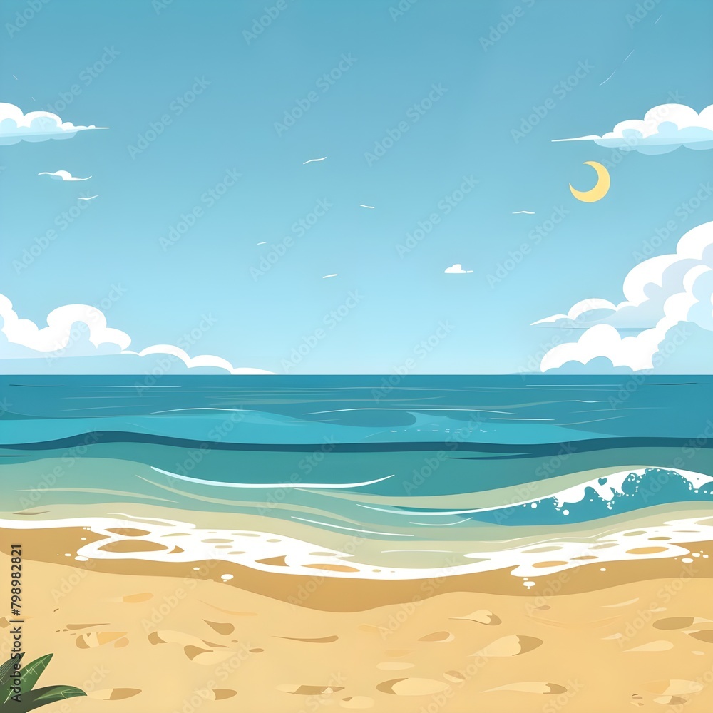 Cartoon sandy beach sea and blue sky elements rest landscape background scene concept flat design vector illustration
