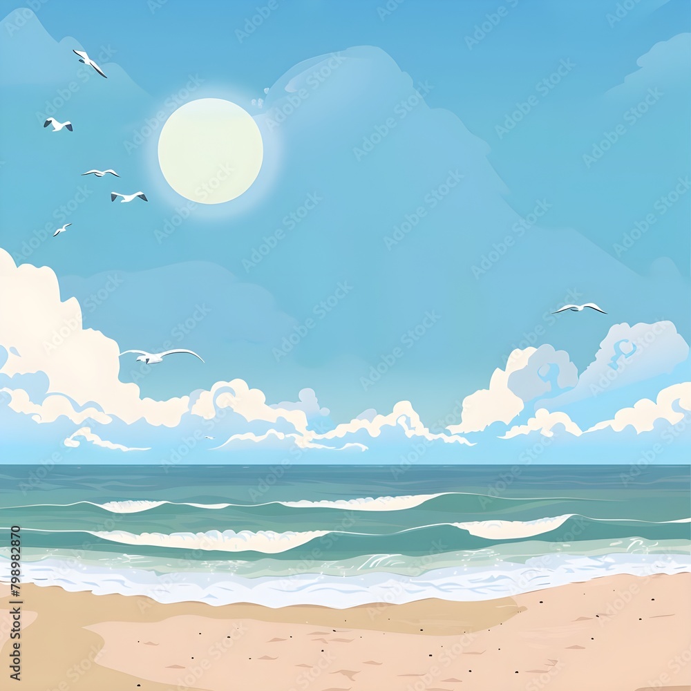 Sunny Beach Island Scenery with Clear Blue Sky and Ocean Waves
