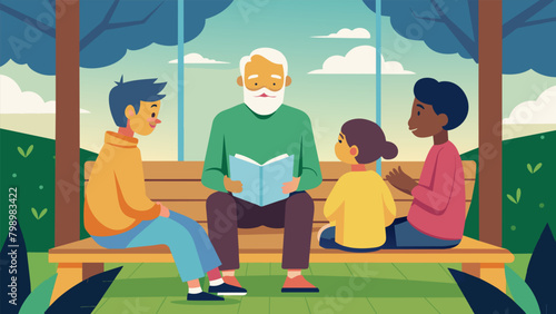 An older man sitting on a porch swing surrounded by a younger generation who listen intently as he recounts the journey towards freedom.. Vector illustration