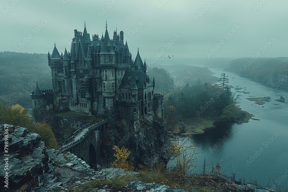 Dark lord s castle, sinister architecture, overcast day, drone, dark romanticism, aerial view, stormy atmosphere, oppressive grandeur ,