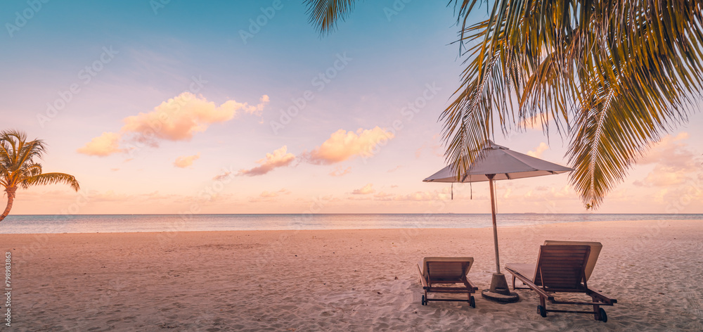 Amazing beach. Chairs umbrella sandy beach sea sky. Luxury summer holiday, vacation resort hotel for tourism. Inspire romantic tropical landscape. Tranquil scene relax coast beautiful couple paradise