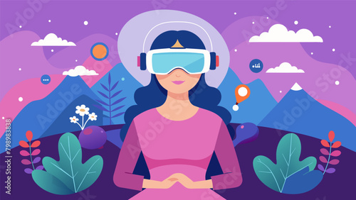 A woman wearing a virtual reality headset is immersed in a calming nature scene while her brain activity is monitored and regulated by a neurofeedback.