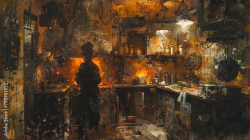 Capture the essence of a post-apocalyptic kitchen in a traditional oil painting