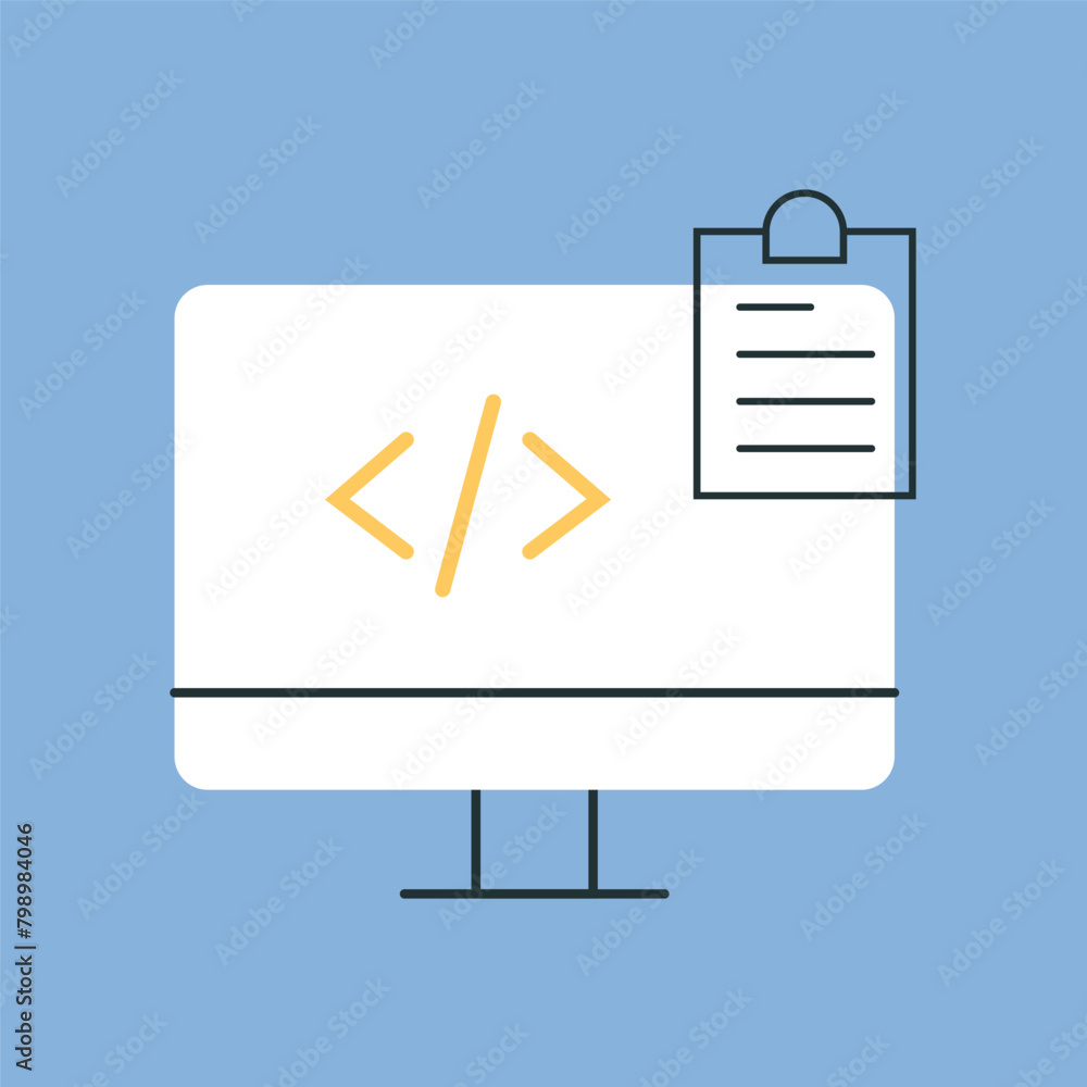 a computer. work. the icon. blue background. programming. write code. code. programmer. working with the code. write a program. The icon is flat. a computer. work. the icon. blue background. programming. write code. code. programmer. working with the code. write a program. The icon is flat.