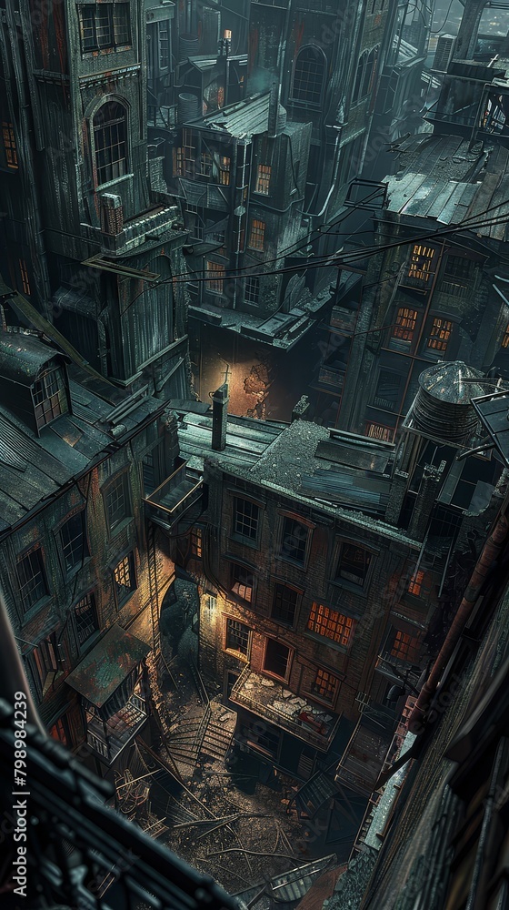 Capture the eerie atmosphere of a decaying urban environment in a worms-eye view illustration