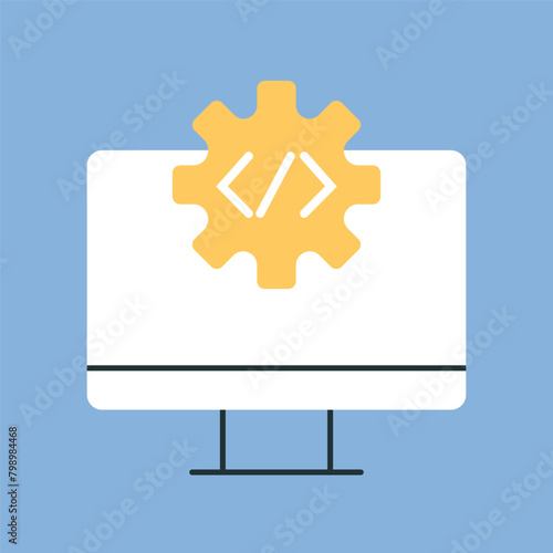 a computer. work. the icon. blue background. programming. write code. code. programmer. working with the code. write a program. The icon is flat.