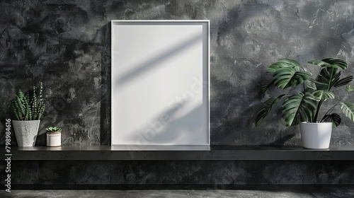 Sleek, shiny white frame on high-gloss black shelf, blending contrasting textures beautifully photo