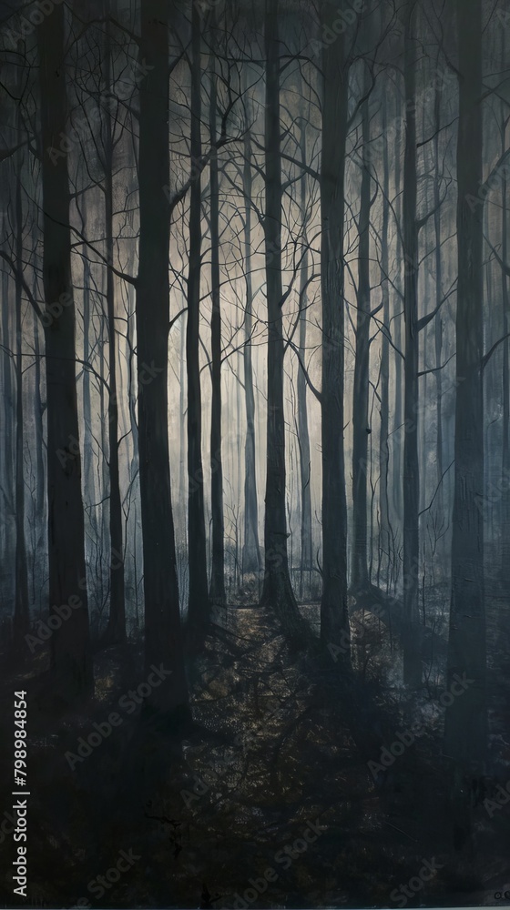Capture a sinister forest scene with looming shadows