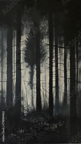 Capture a sinister forest scene with looming shadows