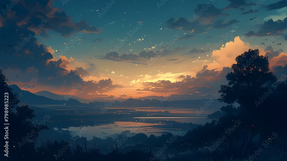 Captivating Sunset Landscape Reflected in Serene Mountain Lake
