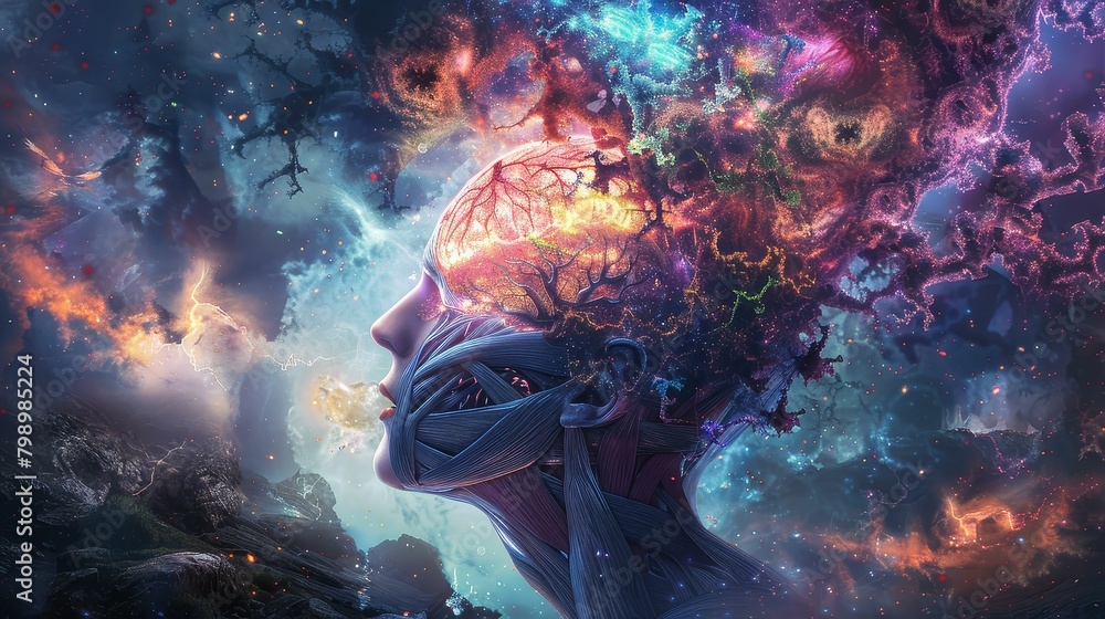 Capture a mesmerizing frontal view of a fractured human mind merging with surreal elements Incorporate vivid colors and intricate details Use innovative lighting techniques to enha