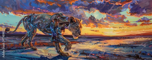 Capture a majestic robotic lioness in acrylic medium, from a high-angle view, roaming a surreal landscape at sunset photo