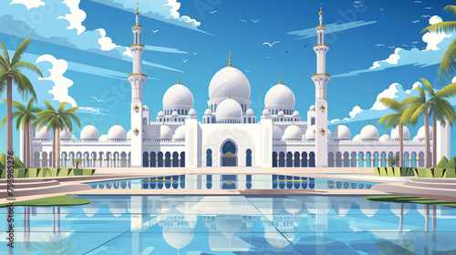 Sheikh Zayed Grand Mosque in Abu Dhabi with its typical sights on a sunny day