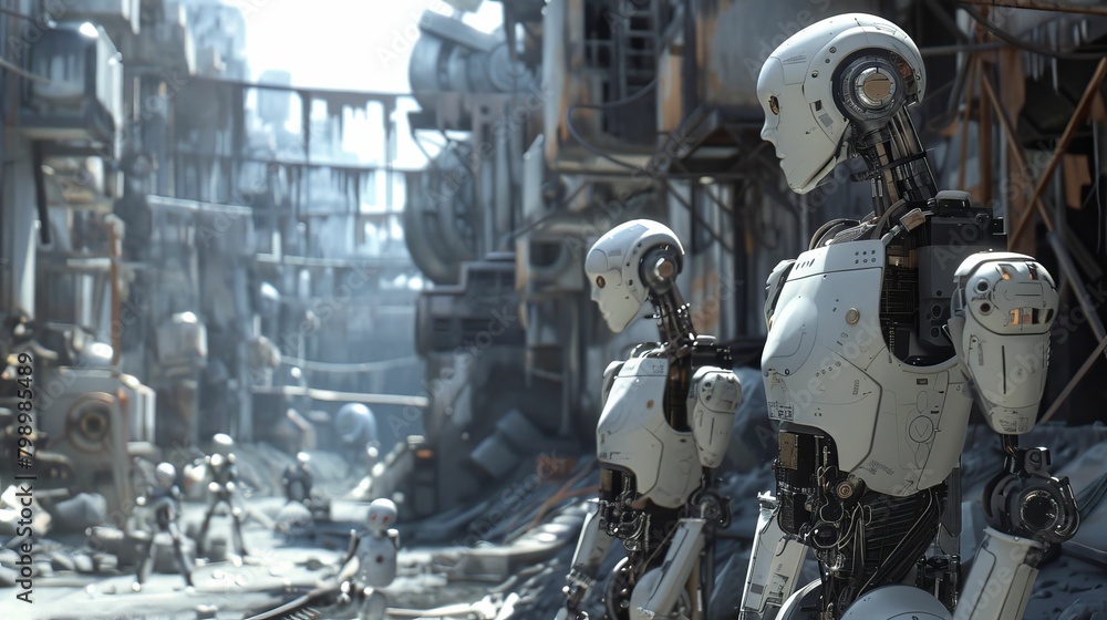Capture a dystopian future where robotics advancements are integral Use unexpected camera angles to showcase the contrast between technological progress and decay