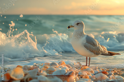 10. Ocean Oasis: At the water's edge, a seagull stands amidst a scattered array of seashells and driftwood, its watchful gaze fixed on the rhythmic dance of the waves. Against the photo