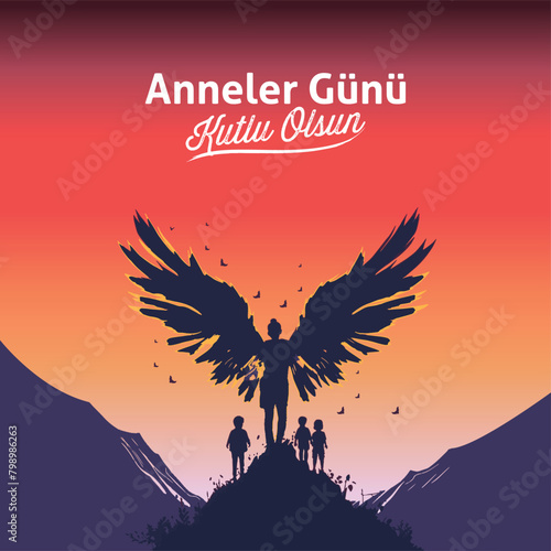Happy mothers day. Turkish version: Anneler gunu kutlu olsun. Mother and children with wings.
 photo