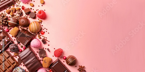horizontal banner, different types of fruit chocolate and berry chocolates, lots of sweets, top view, strawberries, raspberries, pink background, copy space, free space for text