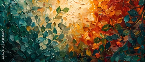 Abstract colorful background with fiery orange drops and swirling patterns, evoking sensations of heat and brightness amid a natural backdrop of autumn leaves photo