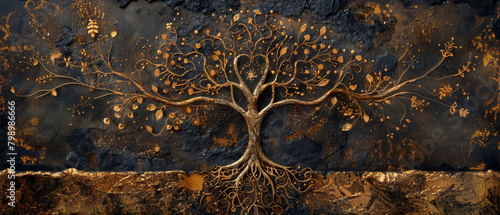 A tree with gold leaves and branches is the main focus of this painting