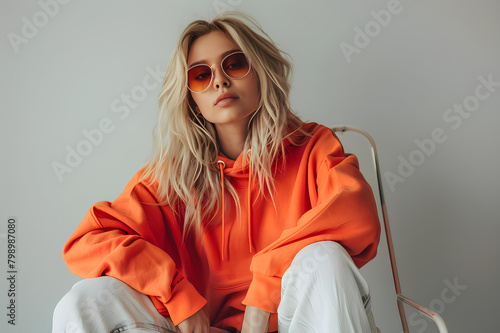 Blonde woman in orange hoodie and white pants sitting on chair, isolated on light grey background. Casual style, sunglasses, fashion. Young female model posing in trendy outfit. Fashion concept. AI. © Chirus