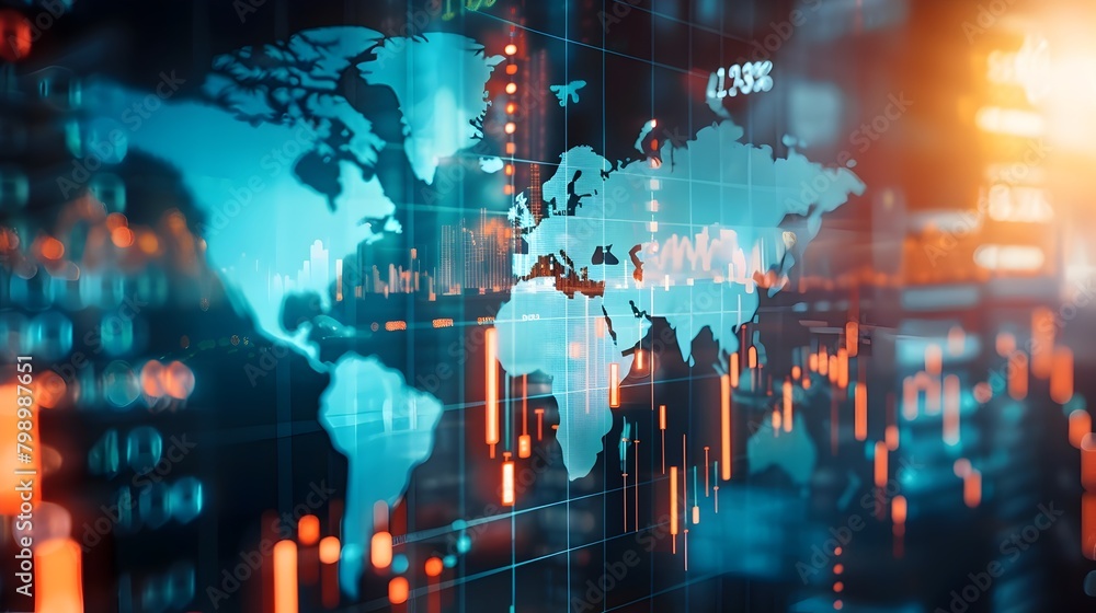 Futuristic Global Financial Market Data and Analysis on Digital World Map Futuristic Global Financial Market Data and Analysis on Digital World Map