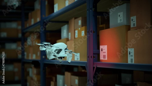 Animation With Warehouse Drone Scanning Qr Codes On The Cardboard Boxes In A Metal Shelf. Fully Automatic Unmanned System Of Cargo Distribution. Computer Coordinated Efficient Logistic Process