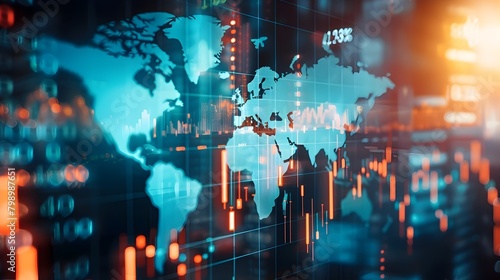 Futuristic Global Financial Market Data and Analysis on Digital World Map