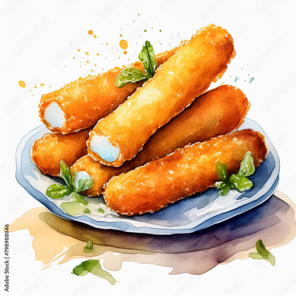 Watercolor painting of mozzarella sticks. Tasty fast food. Delicious meal. Hand drawn art Watercolor painting of mozzarella sticks. Tasty fast food. Delicious meal. Hand drawn art