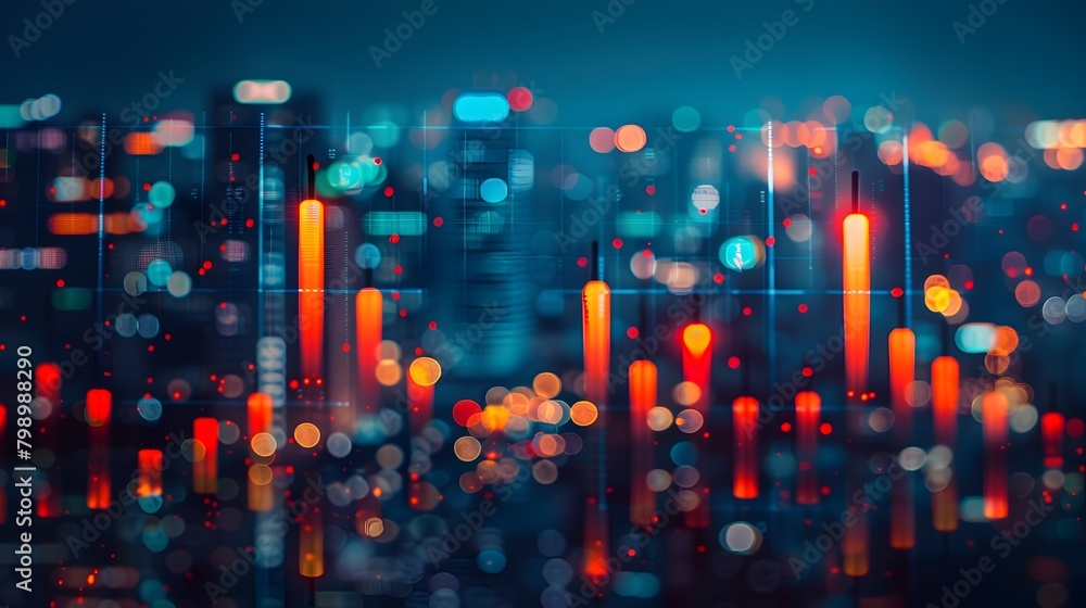 Illuminated City Skyline Backdrop with Financial Data Visualization