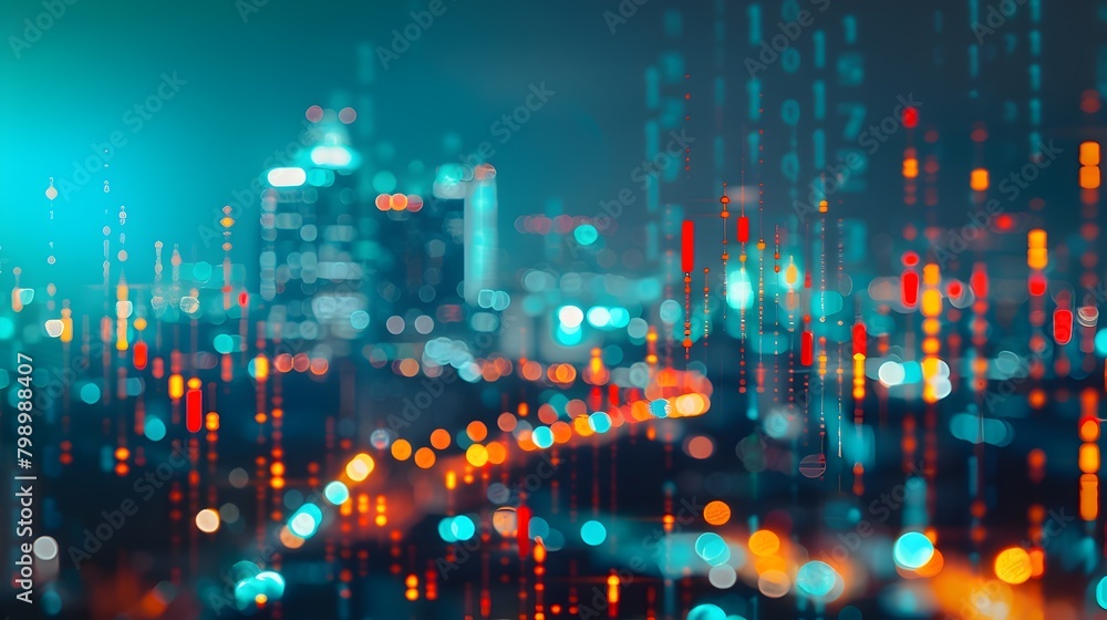 Illuminated City Skyline with Market Data Visualizations