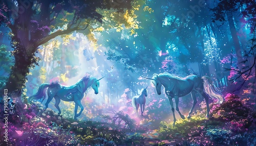 Capture a wide-angle view of a mystical forest, where colorful unicorns prance under a starlit sky, blending realism and enchantment seamlessly photo