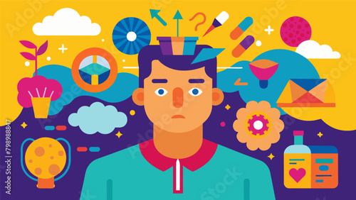 A visual representation of the sensory overload that can occur in the mind of someone with neurodiversity with various colors and objects overlapping. Vector illustration