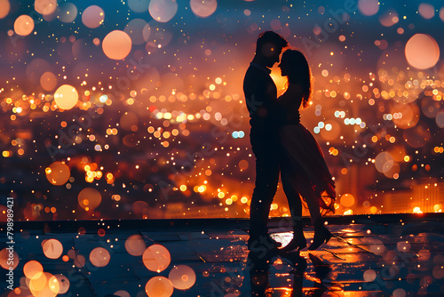 A couple dancing on a rooftop under the stars, city lights below them forming a romantic bokeh backdrop