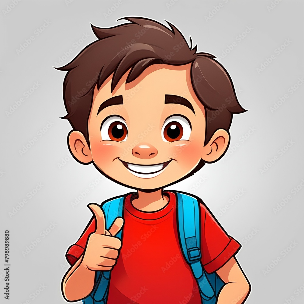 a little boy smiles, looks at the camera, a red T-shirt, a backpack, a student on a light background, his hand points to an empty place a little boy smiles, looks at the camera, a red T-shirt, a backpack, a student on a light background, his hand points to an empty place